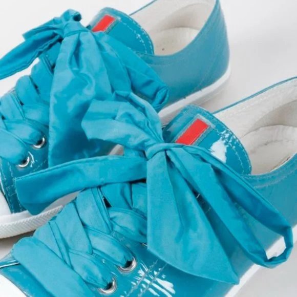 Prada Blue Patent Leather Ribbon Lace-Up Sneakers - Picture 7 of 10